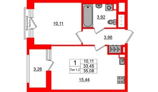 Квартира в ЖК «Сэтл Ривьера», 1 комнатная, 33.45 м², 3 этаж