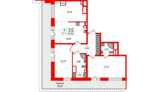 Квартира в ЖК «Сэтл Ривьера», 3 комнатная, 75.26 м², 12 этаж