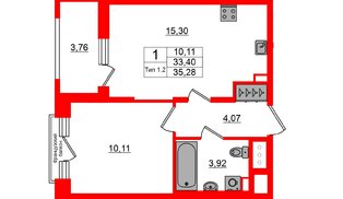 Квартира в ЖК «Сэтл Ривьера», 1 комнатная, 33.4 м², 9 этаж