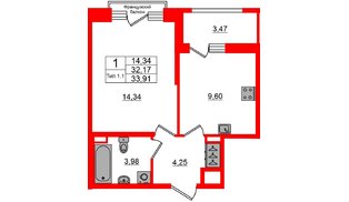 Квартира в ЖК «Сэтл Ривьера», 1 комнатная, 32.17 м², 2 этаж