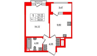 Квартира в ЖК «Сэтл Ривьера», 1 комнатная, 31.77 м², 11 этаж