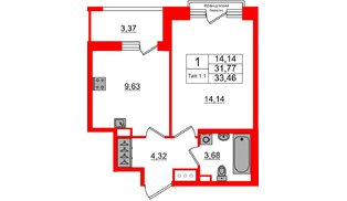Квартира в ЖК «Сэтл Ривьера», 1 комнатная, 31.77 м², 13 этаж