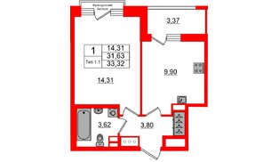 Квартира в ЖК «Сэтл Ривьера», 1 комнатная, 31.63 м², 12 этаж