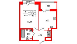 Квартира в ЖК «Сэтл Ривьера», 1 комнатная, 32.14 м², 2 этаж