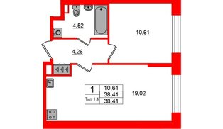 Квартира в ЖК «Сэтл Ривьера», 1 комнатная, 38.41 м², 1 этаж