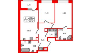 Квартира в ЖК Setl Ривьера, 2 комнатная, 66.85 м², 11 этаж