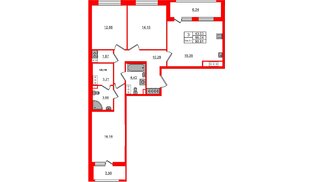 Квартира в ЖК «Сэтл Ривьера», 3 комнатная, 86.04 м², 10 этаж