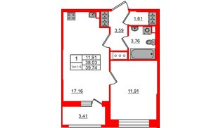 Квартира в ЖК «Сэтл Ривьера», 1 комнатная, 38.03 м², 10 этаж