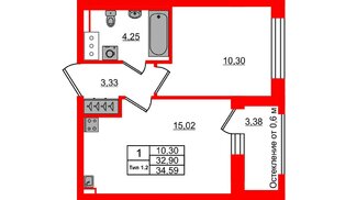 Квартира в ЖК «Сэтл Ривьера», 1 комнатная, 32.9 м², 10 этаж