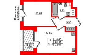 Квартира в ЖК «Сэтл Ривьера», 1 комнатная, 31.11 м², 12 этаж