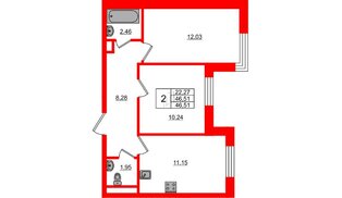 Квартира в ЖК Сертолово Парк, 2 комнатная, 46.51 м², 1 этаж