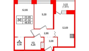 Квартира в ЖК Квартал Уютный, 2 комнатная, 48.93 м², 9 этаж