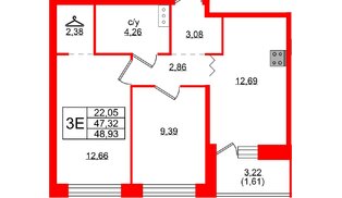 Квартира в ЖК Квартал Уютный, 2 комнатная, 48.93 м², 8 этаж