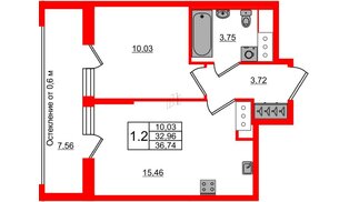 Квартира в ЖК «Город звёзд», 1 комнатная, 32.96 м², 6 этаж