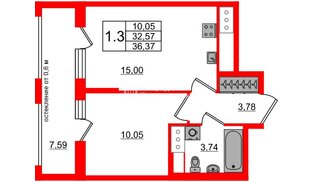 Квартира в ЖК «Город звёзд», 1 комнатная, 32.57 м², 21 этаж