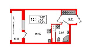 Квартира в ЖК «Город звёзд», студия, 23.87 м², 11 этаж