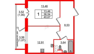 Квартира в ЖК Сертолово Парк, 1 комнатная, 40.67 м², 3 этаж