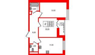 Квартира в ЖК Sertolovo Park, 2 комнатная, 47.49 м², 3 этаж