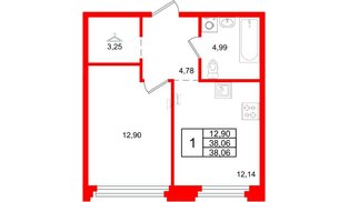 Квартира в ЖК ID Петроградская, 1 комнатная, 38.06 м², 2 этаж