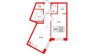 Квартира в ЖК ID Петроградская, 1 комнатная, 45.93 м², 2 этаж