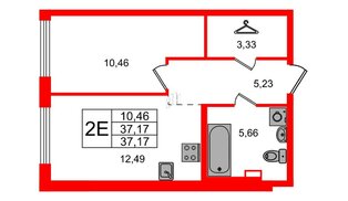 Квартира в ЖК ID Петроградская, 1 комнатная, 37.17 м², 1 этаж