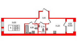 Квартира в ЖК Знатный, 1 комнатная, 40.11 м², 5 этаж