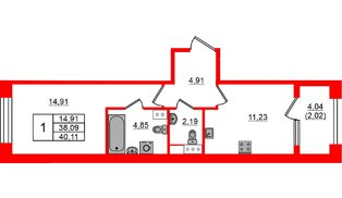 Квартира в ЖК Знатный, 1 комнатная, 40.11 м², 8 этаж