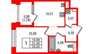 Квартира в ЖК Знатный, 1 комнатная, 33.23 м², 9 этаж