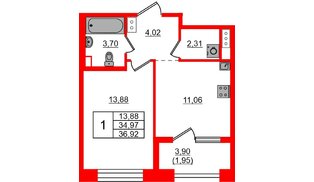 Квартира в ЖК Знатный, 1 комнатная, 36.92 м², 10 этаж