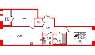 Квартира в ЖК Знатный, 2 комнатная, 72.49 м², 3 этаж