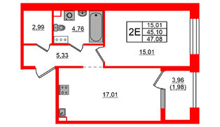 Квартира в ЖК Знатный, 1 комнатная, 47.08 м², 7 этаж