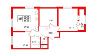 Квартира в ЖК Цивилизация на Неве, 3 комнатная, 73.16 м², 15 этаж