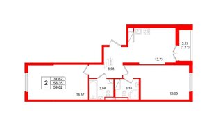 Квартира в ЖК Цивилизация на Неве, 2 комнатная, 59.62 м², 12 этаж