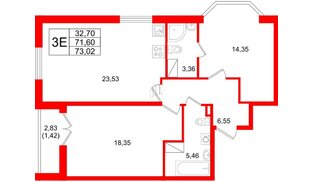 Квартира в ЖК Цивилизация на Неве, 2 комнатная, 73.02 м², 12 этаж