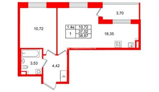 Квартира в ЖК «Парадный ансамбль», 1 комнатная, 37.02 м², 3 этаж