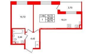 Квартира в ЖК «Парадный ансамбль», 1 комнатная, 36.89 м², 5 этаж