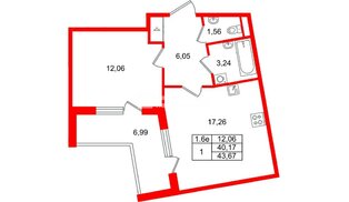 Квартира в ЖК «Парадный ансамбль», 1 комнатная, 40.17 м², 2 этаж