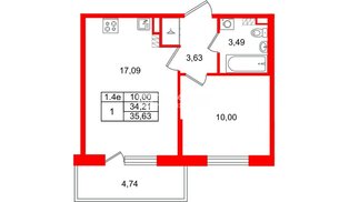 Квартира в ЖК «Парадный ансамбль», 1 комнатная, 34.21 м², 5 этаж