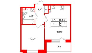 Квартира в ЖК «Парадный ансамбль», 1 комнатная, 32.14 м², 4 этаж
