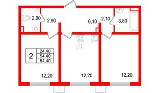 Квартира в ЖК 'Цветной город', 2 комнатная, 54.4 м², 2 этаж