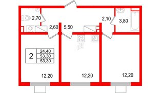 Квартира в ЖК 'Цветной город', 2 комнатная, 53.3 м², 4 этаж