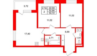 Квартира в ЖК «Парадный ансамбль», 2 комнатная, 52.86 м², 5 этаж