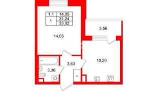 Квартира в ЖК «Парадный ансамбль», 1 комнатная, 31.24 м², 2 этаж