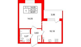 Квартира в ЖК «Парадный ансамбль», 1 комнатная, 31.13 м², 4 этаж