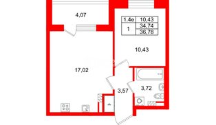 Квартира в ЖК «Парадный ансамбль», 1 комнатная, 34.74 м², 5 этаж