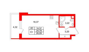 Квартира в ЖК «Парадный ансамбль», студия, 24.79 м², 2 этаж