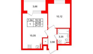 Квартира в ЖК «Парадный ансамбль», 1 комнатная, 32.5 м², 3 этаж