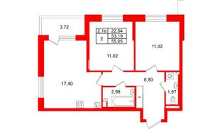 Квартира в ЖК «Парадный ансамбль», 2 комнатная, 53.19 м², 2 этаж