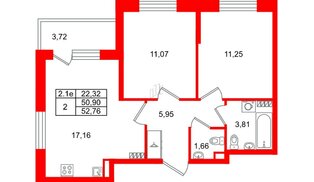 Квартира в ЖК «Парадный ансамбль», 2 комнатная, 50.9 м², 5 этаж