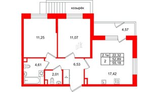 Квартира в ЖК «Парадный ансамбль», 2 комнатная, 52.89 м², 1 этаж